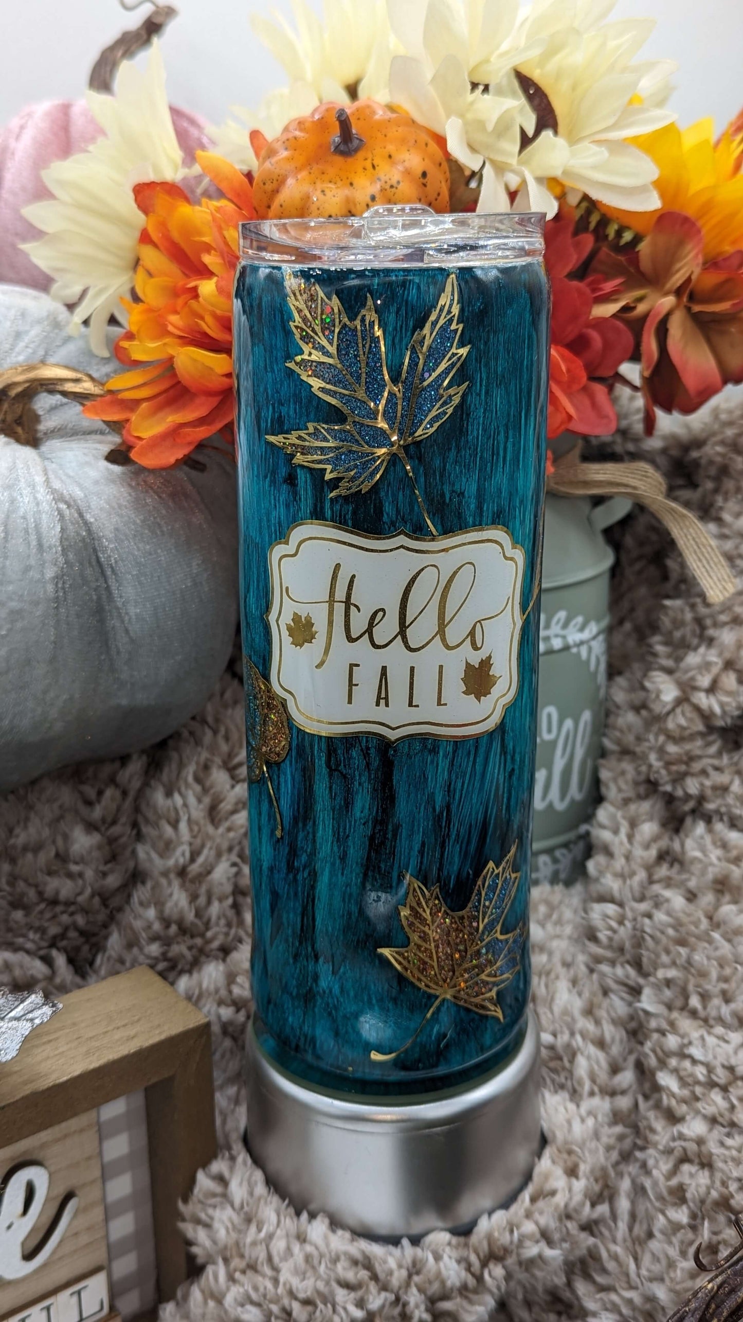 20oz.  Teal Wood Grain Peek-a-boo Hello Fall Tumbler / Made to Order / Personalized